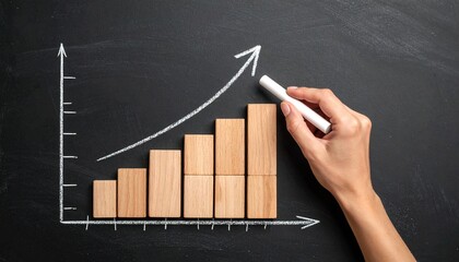 A hand draws an upward arrow in white chalk over a wooden bar graph on a green chalkboard—evoking progress, growth, and dynamic development in education or business.