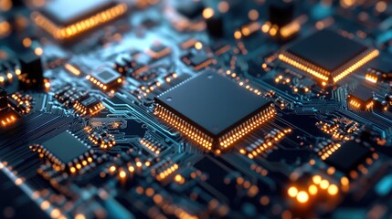 Close-up of intricate circuit board with central processor.  Illuminated components and traces create a high-tech aesthetic