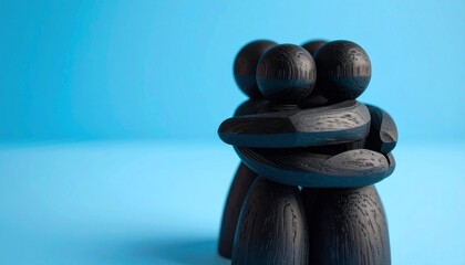 Four wooden figurines join in a group hug against a light blue backdrop—evoking emotional support, unity, and the quiet strength of human connection.
