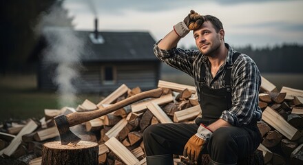 A tired lumberjack in work clothes wiping his brow, sitting on a log with an axe and a pile of chopped wood behind him