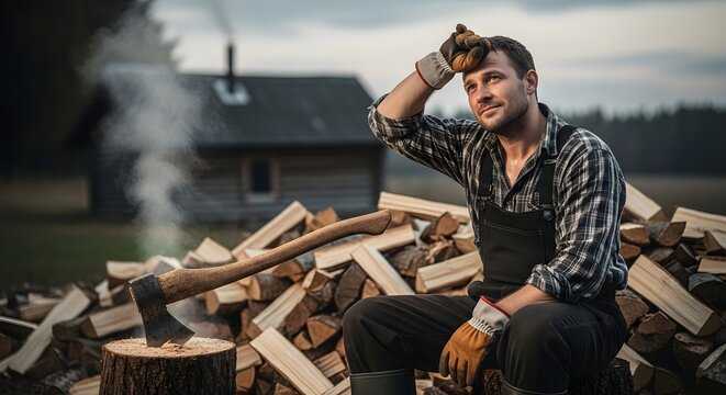 A tired lumberjack in work clothes wiping his brow, sitting on a log with an axe and a pile of chopped wood behind him - Powered by Adobe