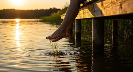 Bare feet splashing in lake at sunset