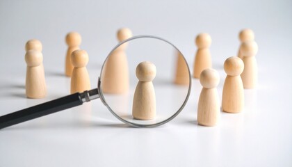 Wooden figurines stand in a circle around a single central figure magnified by a large lens—evoking scrutiny, targeted selection, and symbolic focus within group dynamics.