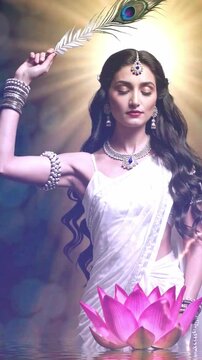 Divine Grace: Woman with Peacock Feather and Lotus in Ethereal Light