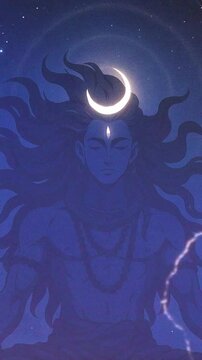 Shiva in Cosmic Night with Crescent Moon with mount kailash