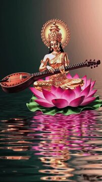 Saraswati Devi Playing Veena on Lotus