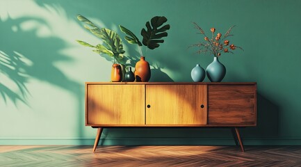Mid-century modern sideboard with potted plants and vases. Sunlight casts shadows on a mint green wall and wooden floor