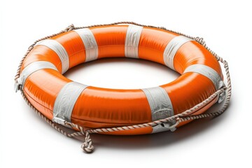 Orange Life Preserver with Rope Safety at Sea Poolside Rescue Maritime Lifeguard on white background. Generative Ai