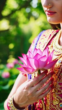 A vibrant close-up of a hand offering a blooming pink lotus, symbolizing purity and devotion in a Hindu ritual.