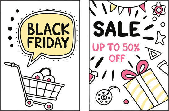 Black friday sale advertisement with shopping cart and gift box with up to fifty percent off offer banner - Powered by Adobe