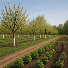 rows of trees in the field