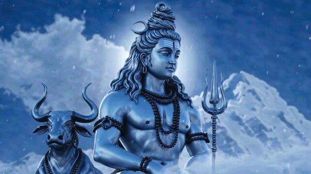 A majestic image of Lord Shiva holding a trident, glowing with strength and calm under a bright sky, symbolizing power, control, and divine protection.