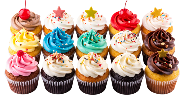 Cute top-view cupcake set featuring different frosting styles, sprinkles, and toppings like cherries or stars. isolated on a transparent PNG background.