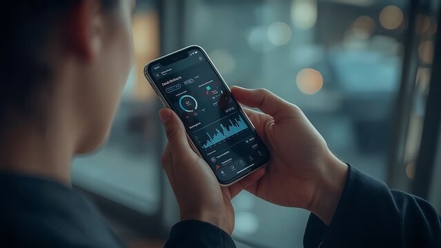 Person holding a smartphone displaying a financial dashboard with charts and graphs in a modern office setting
