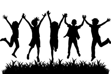 Fototapeta premium Jumping children silhouettes in grass, joy and fun