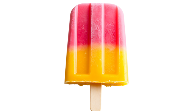 Pink and yellow popsicle with a wooden stick. Isolated on a transparent PNG background