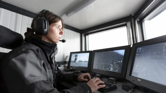 Operator monitors multiple screens in control room during a complex aerial operation at a remote location