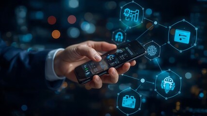 Man holding a smartphone displaying a network of interconnected digital icons representing technology and data