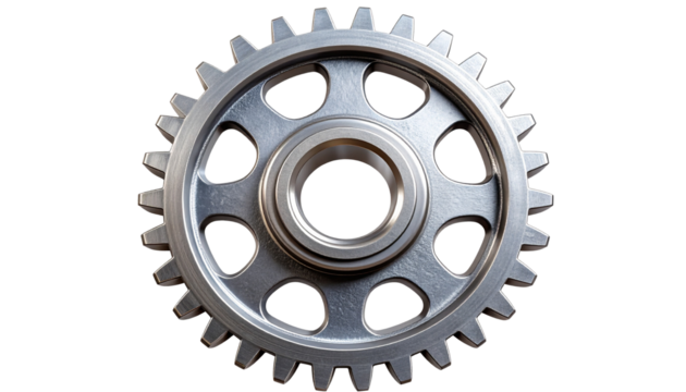Gear wheel with detailed teeth and metallic texture, shown as an isolated object on a transparent background png