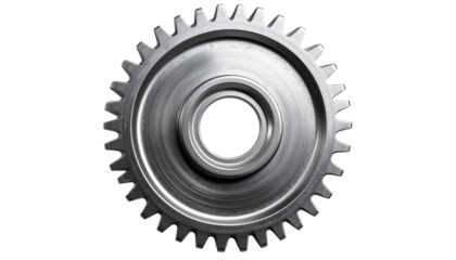Gear wheel with detailed teeth and metallic texture, shown as an isolated object on a transparent background.