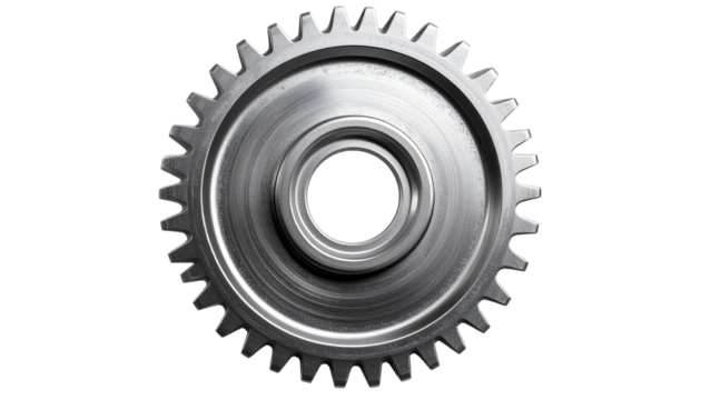 Gear wheel with detailed teeth and metallic texture, shown as an isolated object on a transparent background.