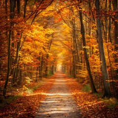Sunlit forest path lined with vibrant golden and orange autumn leaves