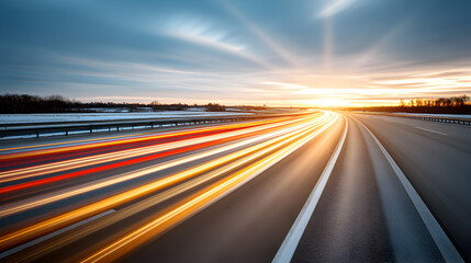 Highway and road with motion light trails at sunrise or sunset, a beautiful scenic view
