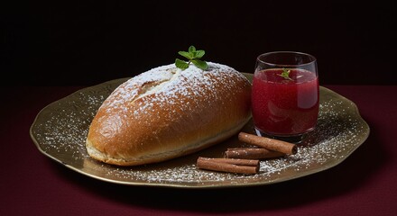 Fresh Baked Bread Roll with Cinnamon Stick and Berry Juice on Elegant Gold Plate