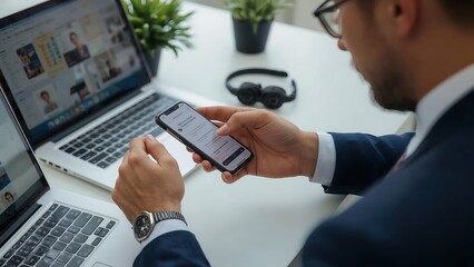 Man in suit using smartphone while working on laptop with video conference on screen