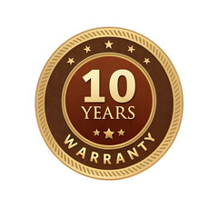 A golden 10 years warranty seal with stars is isolated on transparent background, representing product quality and assurance