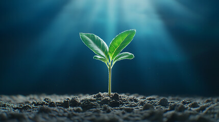 A young green plant sprouts from soil, illuminated by soft rays of light against a dark blue background, symbolizing growth and new beginnings.