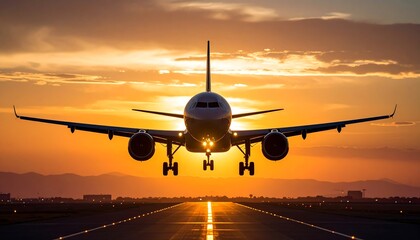 Airplane landing at sunset