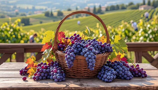Vendemmia in autunno: cesto con uva e vigneto con vendemmia sullo sfondo