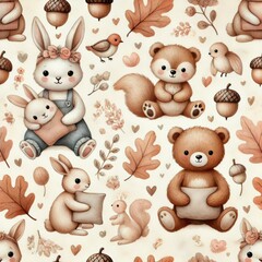 Obraz premium Seamless pattern with cartoon bears, rabbits, squirrels, birds, hearts, acorns, and autumn leaves on light background. Watercolor illustration.