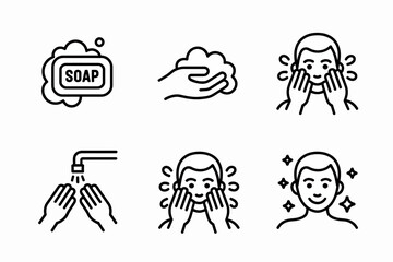 A series of six icons depicting the steps of washing one's face, from soaping to rinsing and a final clean, refreshed face.