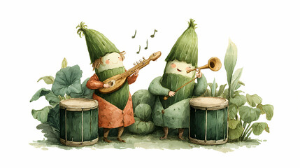 Naklejka premium Whimsical Watercolor Corn Twins Playing Music – Musical Vegetable Duo Illustration