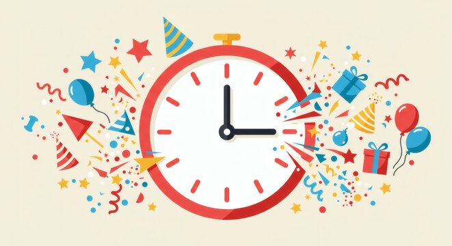 Time Flies: Exploding clock with confetti, balloons, and gifts.