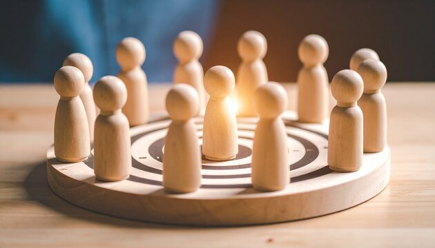 A circular wooden board with a central target hosts peg figures arranged around one focal figure in the middle—evoking leadership, recognition, and symbolic focus within collective presence.