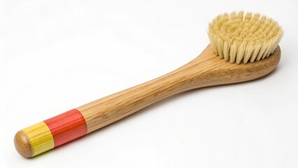 A wooden body brush with natural bristles and a striped handle, isolated on white background, is used for skin exfoliation and massage