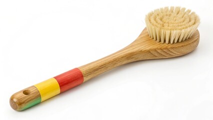 A wooden body brush with colorful stripes on the handle for spa and exfoliation, isolated on white background