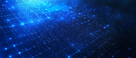A digital grid with glowing blue points and lines creates a futuristic, technology-inspired network visualization in a dark space.
