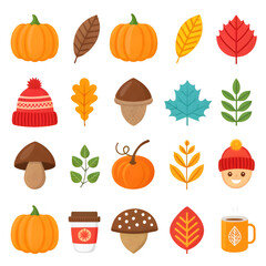 Collection of cute autumn elements including pumpkins leaves mushrooms and a cozy hat isolated on transparent background