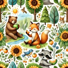 Cartoon forest animals including fox, bear, and raccoon eating fruit surrounded by birds, sunflowers, trees, berries, and a stream on bright background. Seamless watercolor pattern for children.