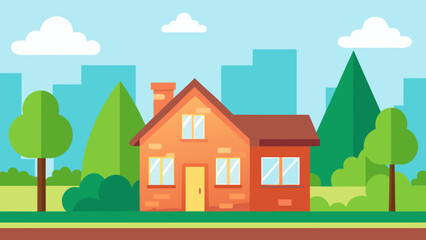 Naklejka premium Cartoon vector illustration of houses in a city landscape with sky and trees