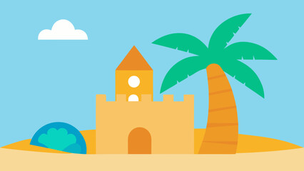 Obraz premium Tropical beach island vector illustration with palm trees, sun, sea, and sand perfect for summer travel vacation design