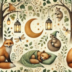 Cartoon forest animals including foxes, raccoons, and squirrels sleeping and sitting under trees with lanterns, crescent moon, stars, and leaves on light background. Seamless watercolor pattern for ch