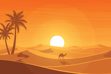 Scenic Desert Sunset with Silhouetted Camel, Rolling Sand Dunes, and Date Palm Trees. Peaceful Arabian Landscape Under Warm Evening Sky. Beautiful Nature Background Illustration