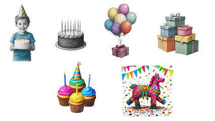 Obraz premium Birthday Party PNG Illustration Set – Balloons, Cake, Gifts, Cupcakes, Piñata & Party Elements