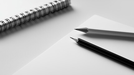 Minimalist pencils lay on notepad next to spiral notebook. AI generated