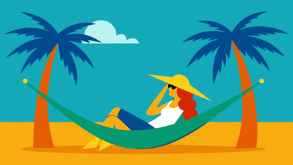 Tropical island paradise: woman relaxing on a hammock between palm trees on a sunny beach with the ocean in the background